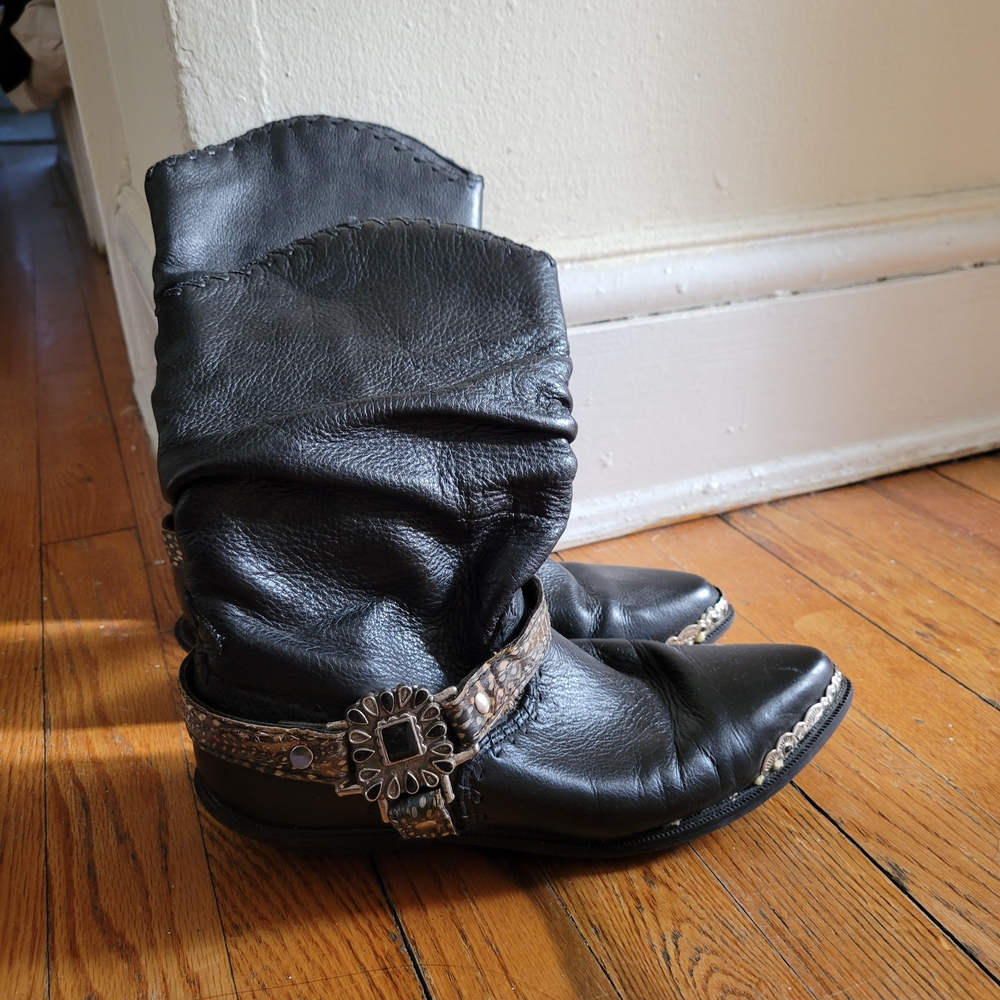 Zodiac Black Leather Ankle Boots with Buckle 80s Vintage Western 8